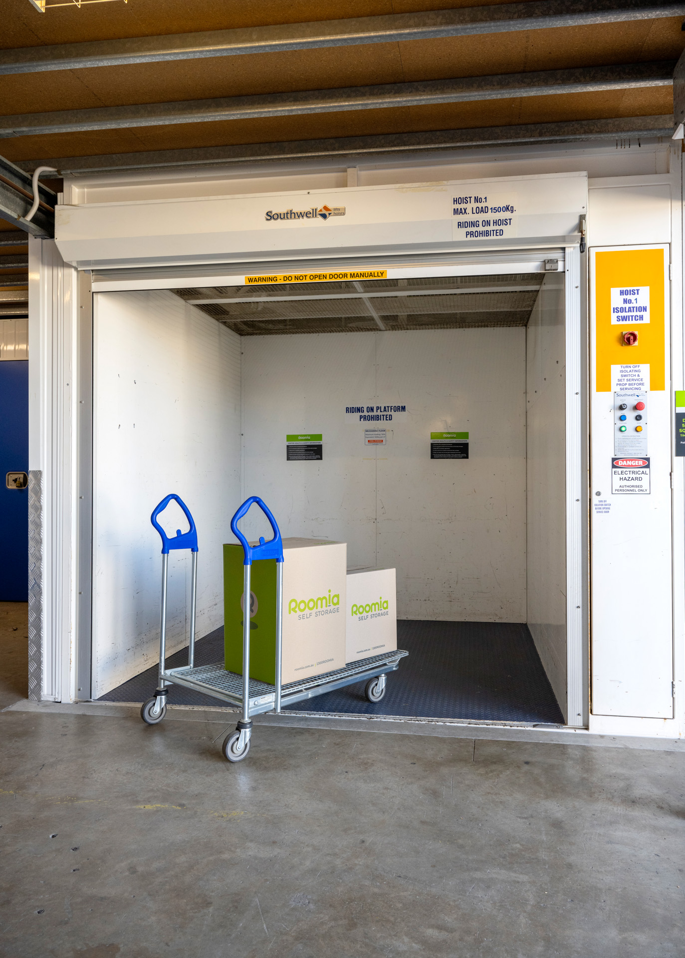 Spacious goods lift at our self storage facility, providing efficient and hassle-free vertical transportation for heavy or bulky items.