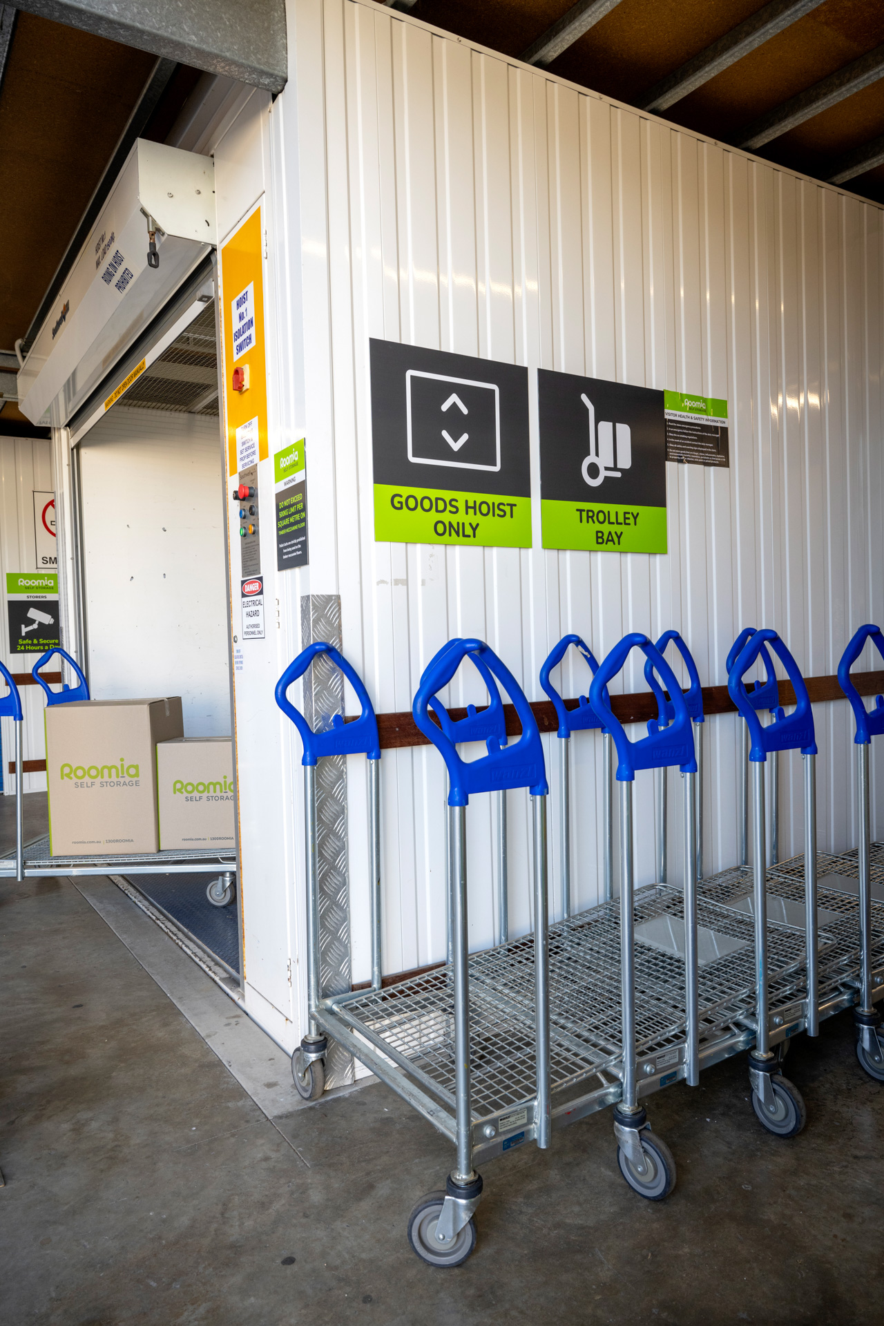 Convenient onsite trolleys available for free use at the self storage facility, simplifying the process of transporting your items to and from your storage unit.