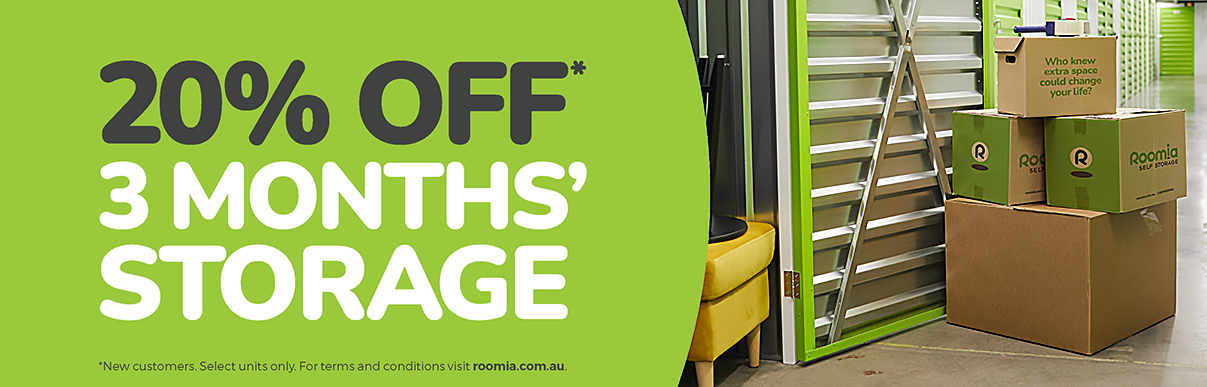 20% off 3 months' storage graphic with a stack of boxes with Roomia Self Storage logo