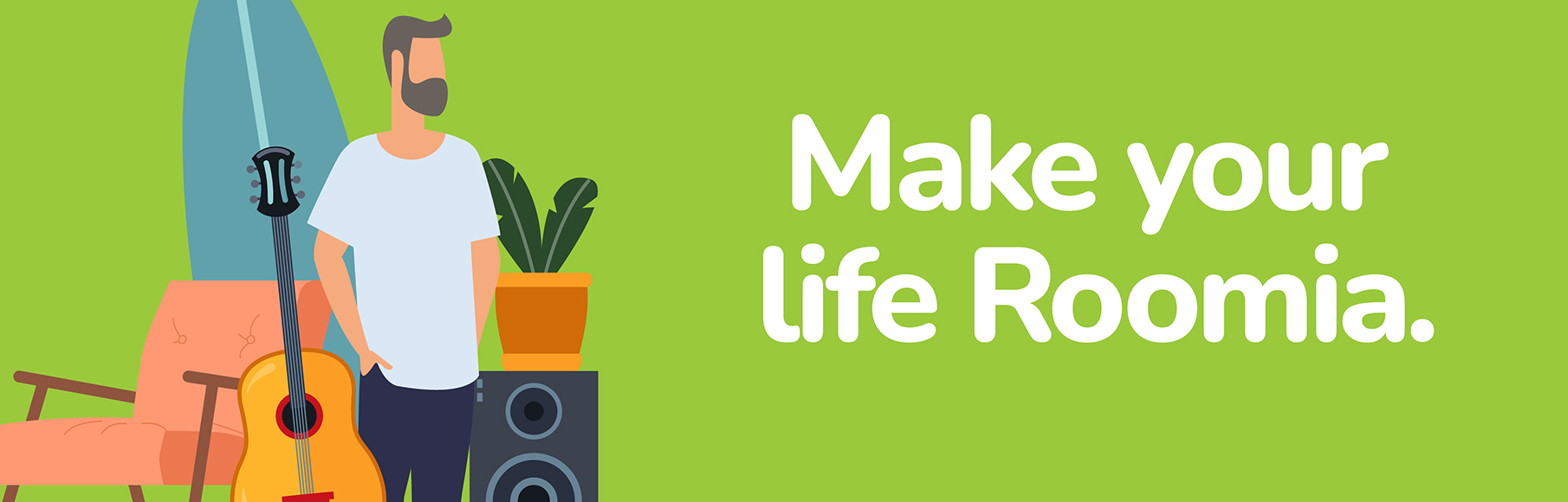 Make your life Roomia illustration graphic of Man with storage contents including guitar and surfboard