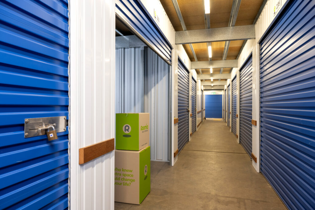 Internal storage units with roller doors at Roomia Beverley